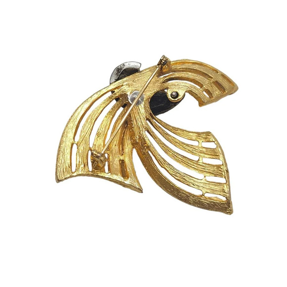 B.S.K Clear Rhinestone 1950s Textured Bow Brooch Pin Gold Tone Vintage - Picture 4 of 5